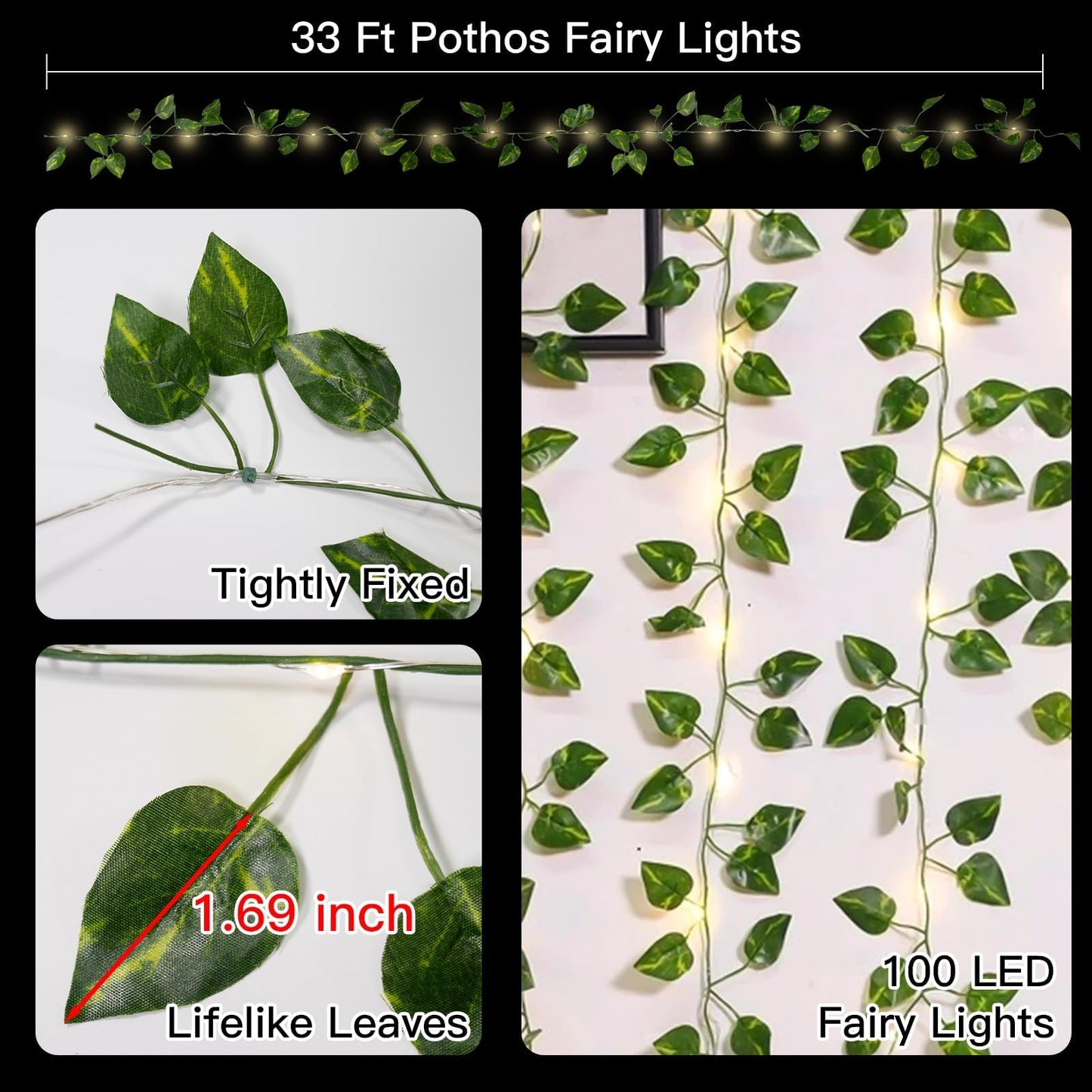 suddus Vine with Fairy Lights Battery Operated, 33ft 100 LED Ivy String Lights with Remote, Leaf Lights for Bedroom, Room, Wall, Garden, Party, Wedding Decor (Warm White)