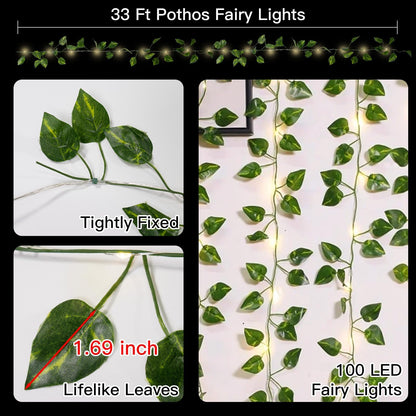 suddus Vine with Fairy Lights Battery Operated, 33ft 100 LED Ivy String Lights with Remote, Leaf Lights for Bedroom, Room, Wall, Garden, Party, Wedding Decor (Warm White)