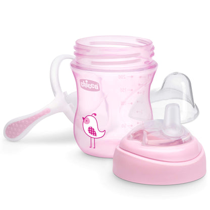 Chicco Transition Sippy Cup with Silicone Spout and Spill-Free Lid 7oz.| Calibration Markings | Removable Handles | Top-Rack Dishwasher Safe | Easy to Hold with Ergonomic Indents | Pink| 4+ Months