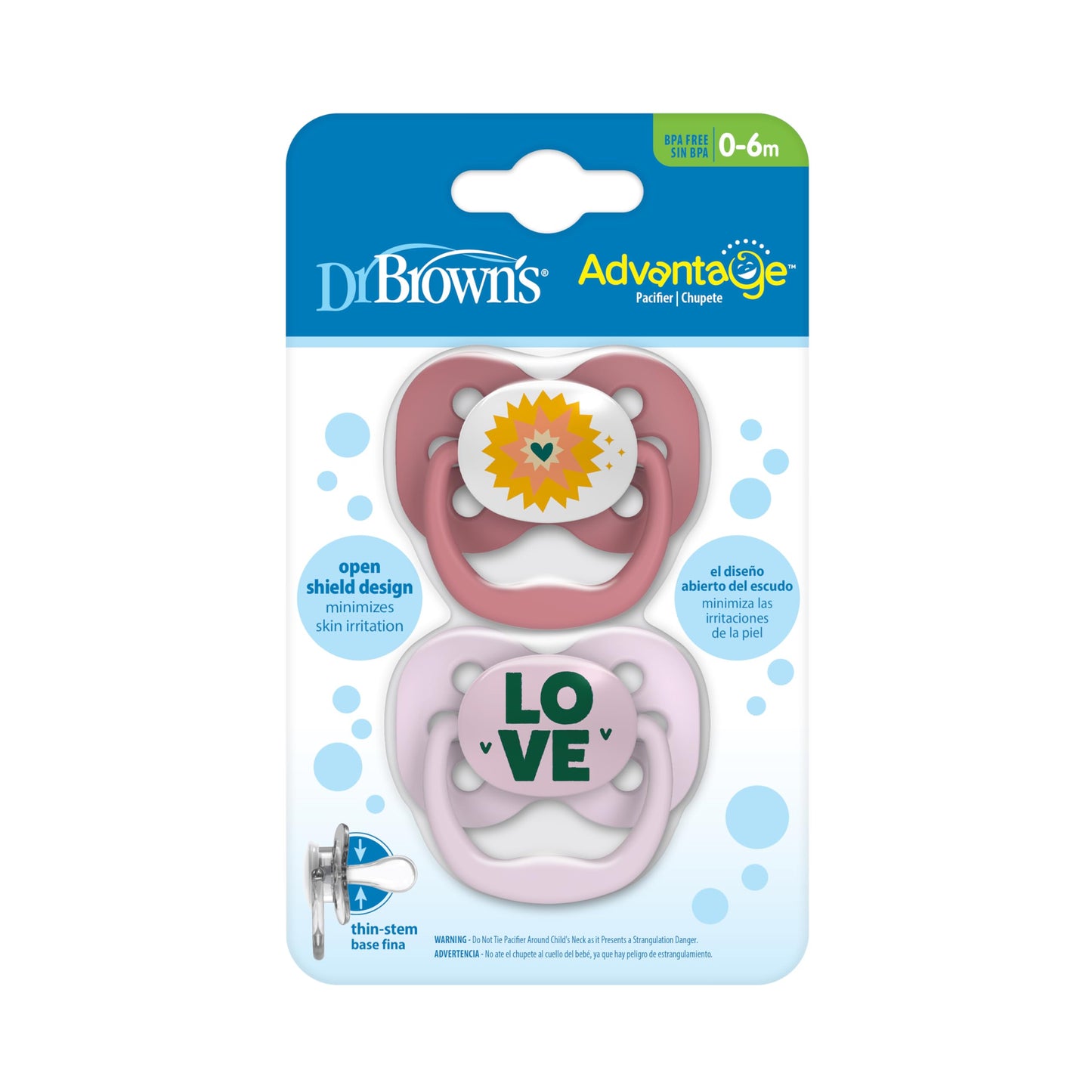 Dr. Brown's Advantage Glow-in-the-Dark Baby Pacifier, Fully Symmetrical Soother with Soft Silicone Bulb, Lavender Love-Coral Ocean, 0-6m, BPA Free, 4 Pack