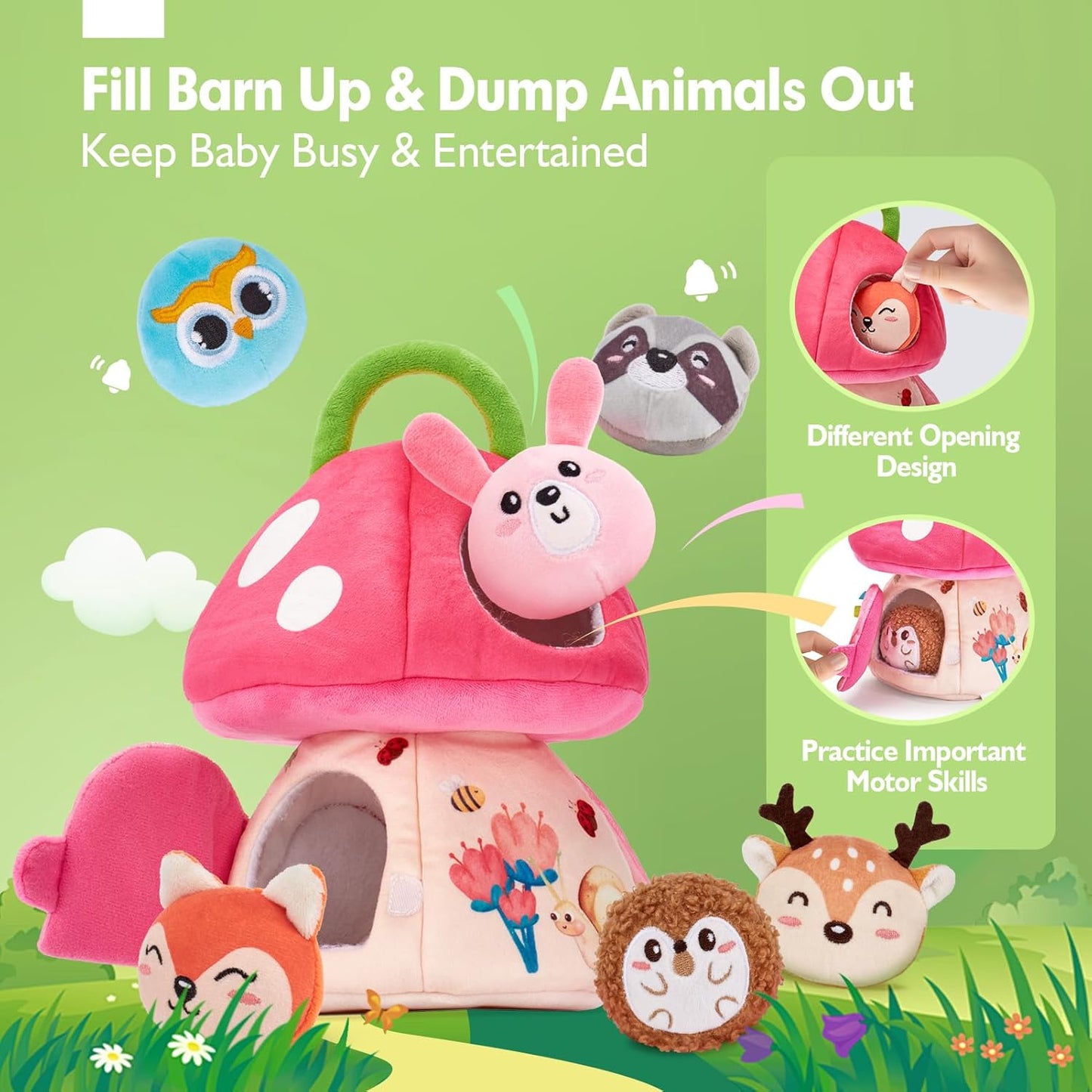 hahaland Baby Girl Toys 6-12 Months - My First Mushroom House with Stuffed Jungle Animals, Rattle, Crinkle Paper, Mirror - Developmental Sensory Montessori Toys for Toddlers 1 Year Old Girl Gifts
