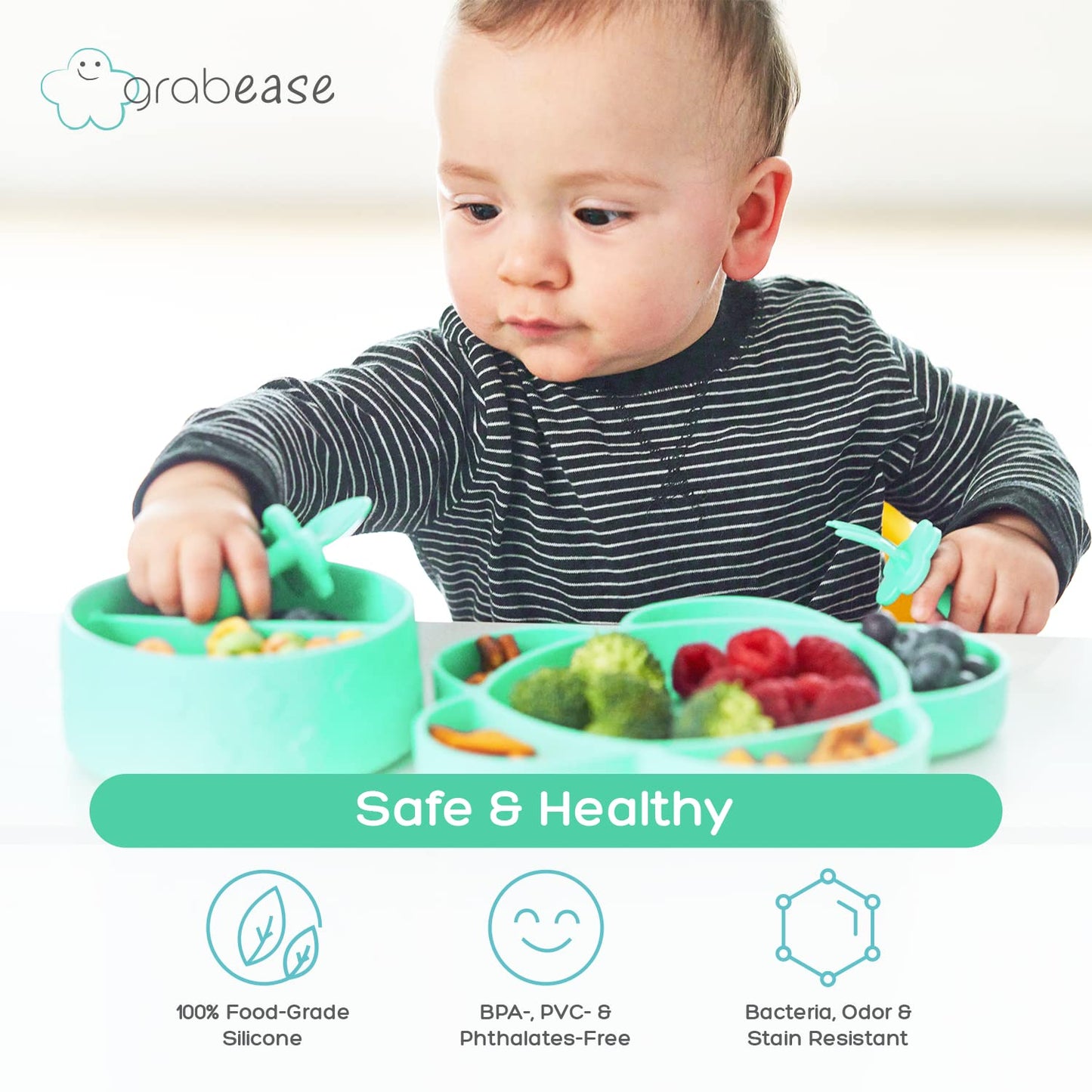grabease Baby Essentials Must-Haves - Complete Feeding Set for Baby-Led Weaning and Portion Control - Suction Bottoms 4 Piece Set, BPA and Phthalates-Free, Blush