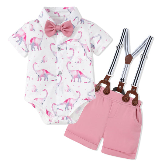 WESIDOM Baby Boy Clothes Suit 0-24 Months Gentleman Outfits, Short Sleeve Dress Romper+Bowtie+Detachable Suspender Shorts Set