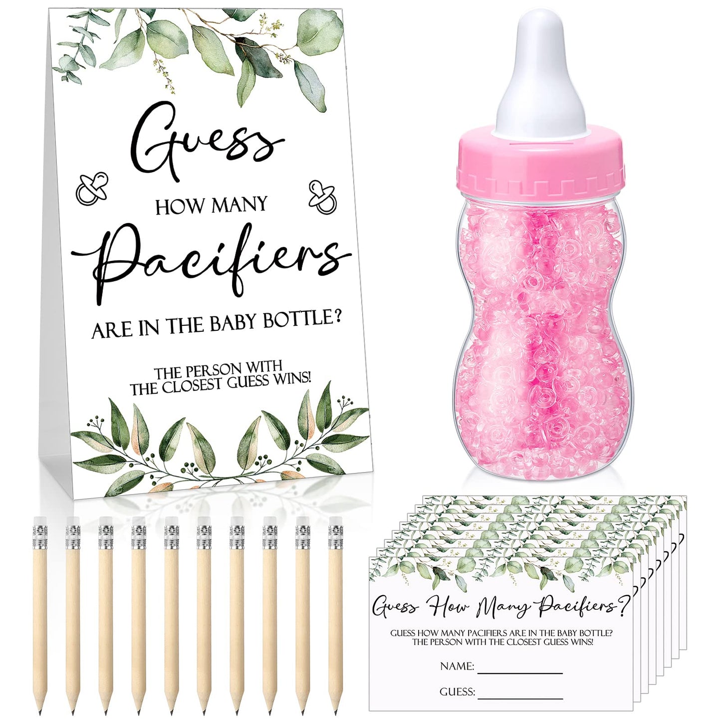Roowest 512 Pcs Baby Shower Games Guess How Many Pacifiers Sign 100 Small Guessing Games 10 HB Pencils 750ml Milk Bottle 400 Acrylic Pacifiers Decoration for Guest Gender Reveal(Pink,Bear)
