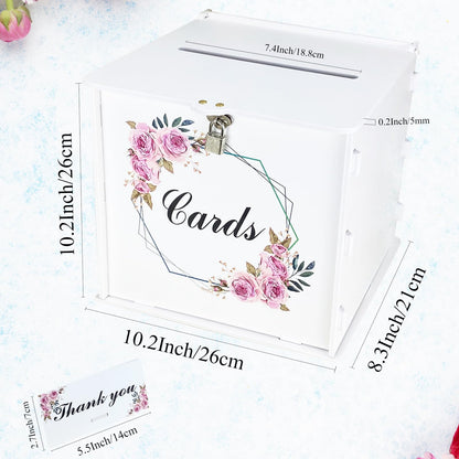 White Wedding Card Box with Lock, Gift Wedding Card Boxes for Reception Money Holder with Rose Sign for Wedding Decorations, Baby Showers, Birthdays, Bridal or Graduation Party Supplies