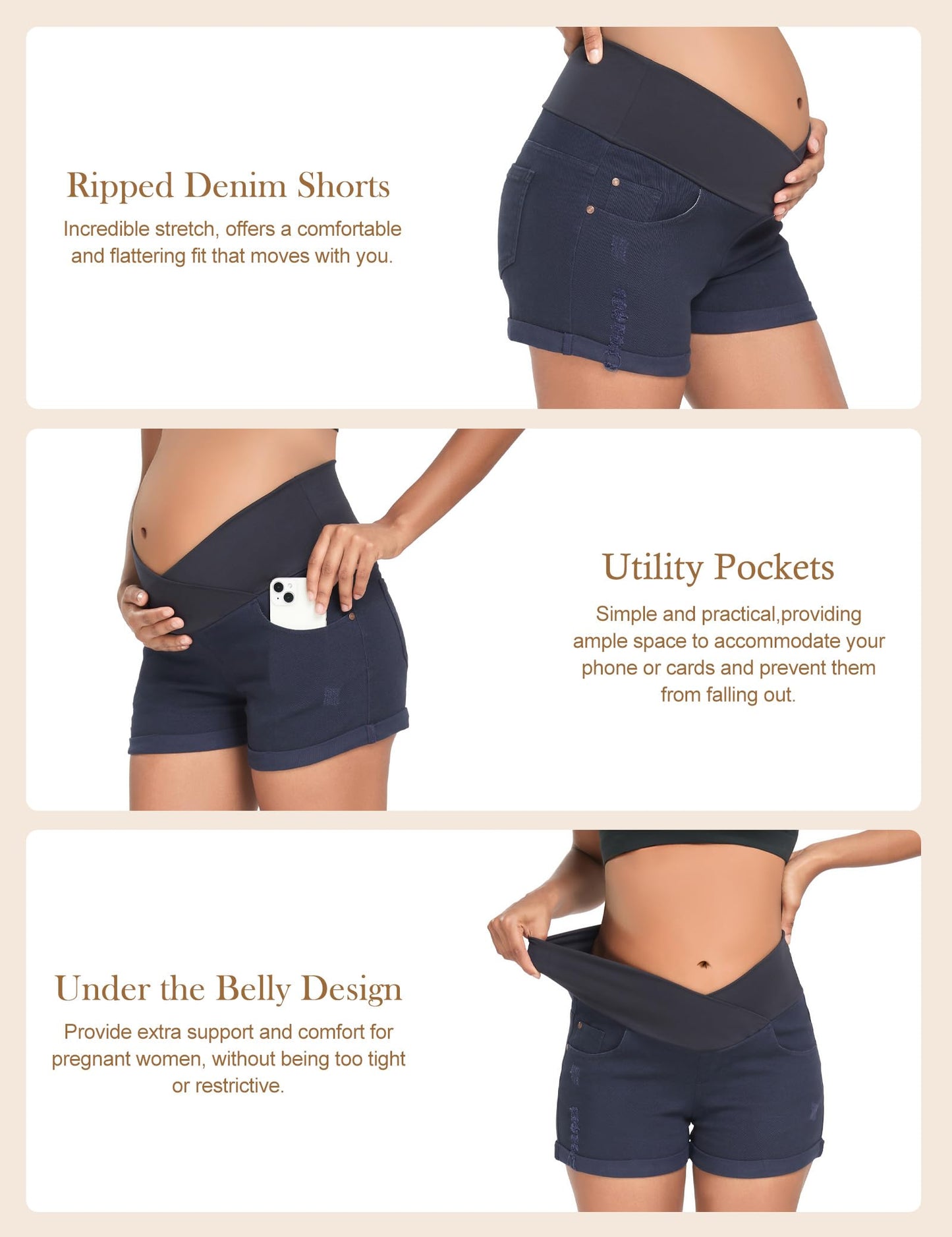 HOFISH Women's Maternity Jeans Shorts Over The Belly Stretchy Comfy Denim Shorts Pants Casual Workout Pregnancy Shorts
