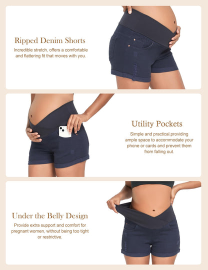 HOFISH Women's Maternity Jeans Shorts Over The Belly Stretchy Comfy Denim Shorts Pants Casual Workout Pregnancy Shorts
