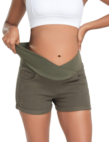 HOFISH Women's Maternity Jeans Shorts Over The Belly Stretchy Comfy Denim Shorts Pants Casual Workout Pregnancy Shorts