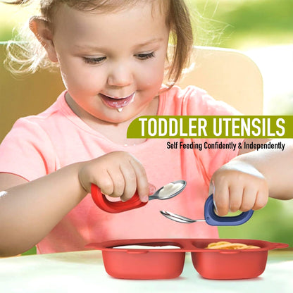 Toddler Utensils - Baby Forks and Spoons Set - Kids Stainless Steel Silverware - Children Safe - Self Feeding - Dishwasher Safe (Orange + Green)