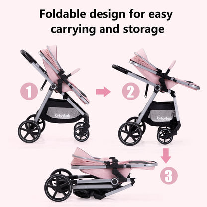 2-in-1 Baby Stroller with Bassinet Mode - Folding Infant Newborn Pram Stroller with Reversible Seat - Toddler Strollers for 0-36 Months Old Babies (Beige)