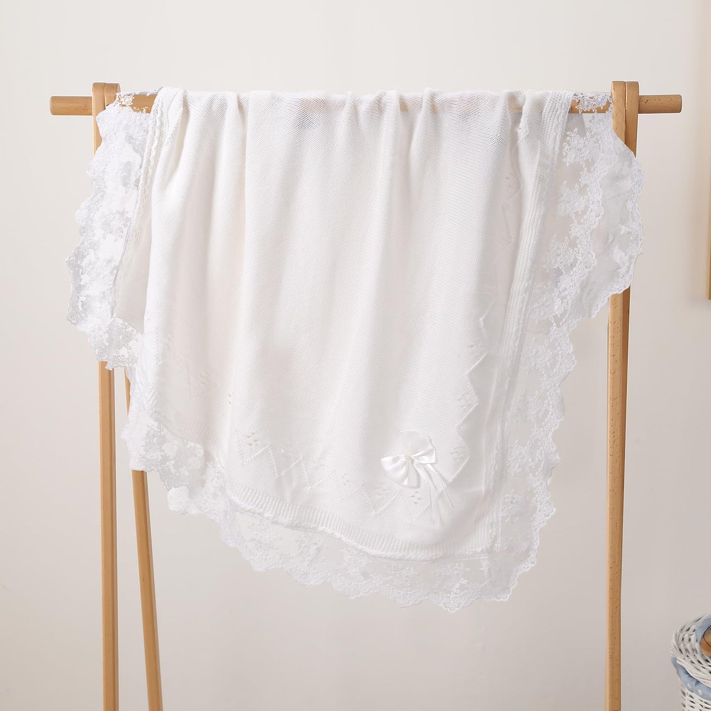 Booulfi Knit White Baby Blankets Neutral,Crib Stroller Newborn Blankets for Boys Girls,Cotton Lace Crochet Winter Blanket Nursery Blanket New Baby Essentials, 38X39