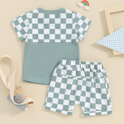 Toddler Baby Boy Summer Clothes Set Short Sleeve Checkered Tops & Shorts Novelty Color Block Outfits