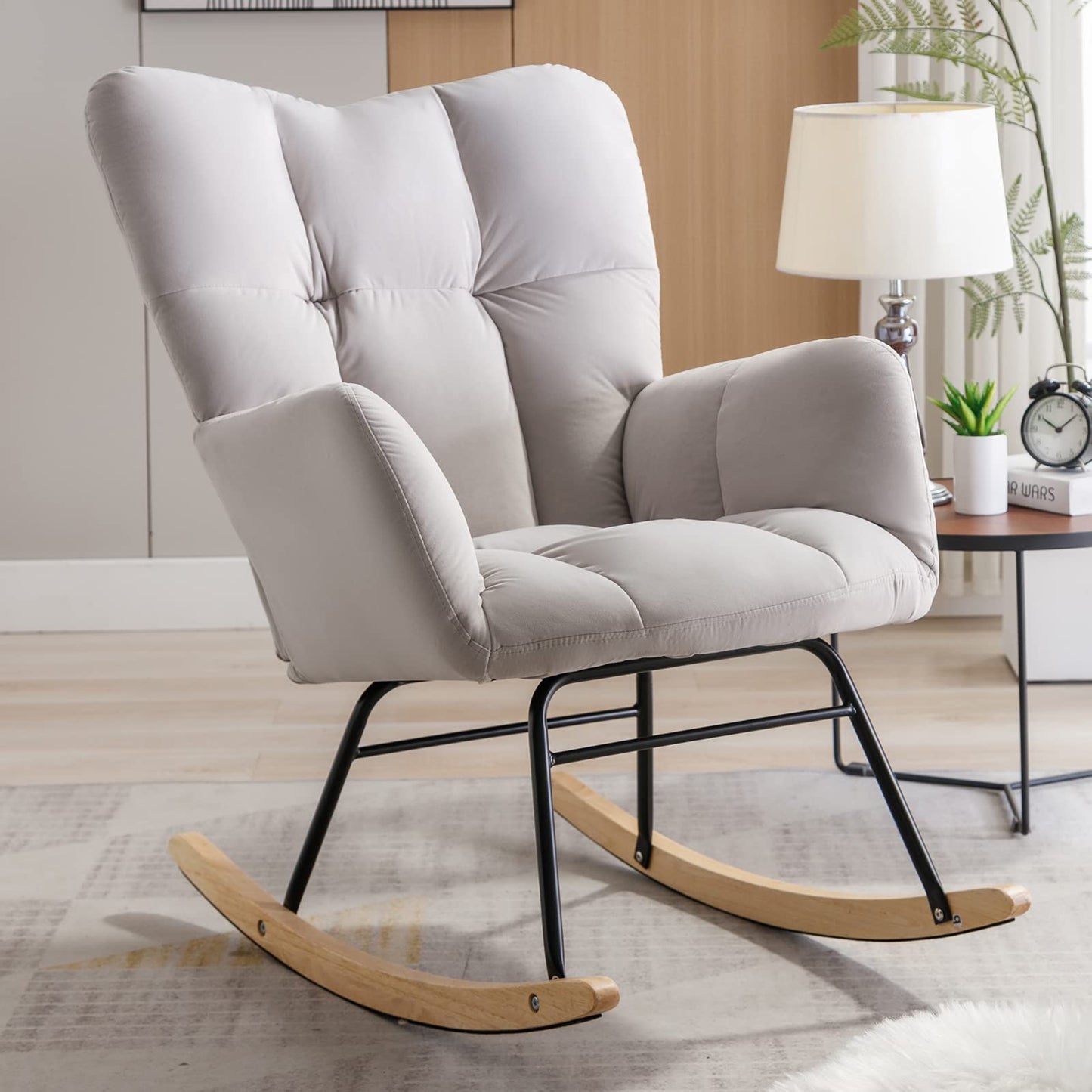 NIOIIKIT Nursery Rocking Chair Teddy Upholstered Glider Rocker Rocking Accent Chair Padded Seat with High Backrest Armchair Comfy Side Chair for Living Room Bedroom Offices (Ivory Teddy)