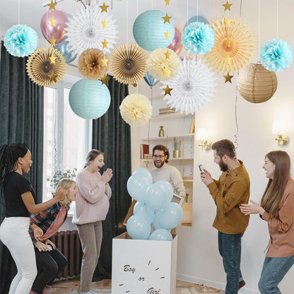 Blue and Brown Party Decorations Light Blue and Brown Baby Shower Decorations White Paper Fans Cream Pom Poms for Engagement Party Decorations Blue and Brown Birthday Wedding Room Decorations