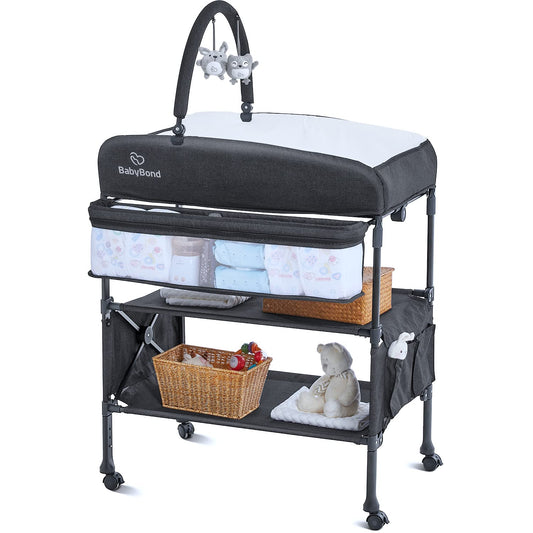 BabyBond Portable Baby Changing Table with 2 Storage Baskets, Foldable Changing Table Dresser Waterproof Diaper Changing Table Height Adjustable Changing Station for Infant and Newborn(Beige)