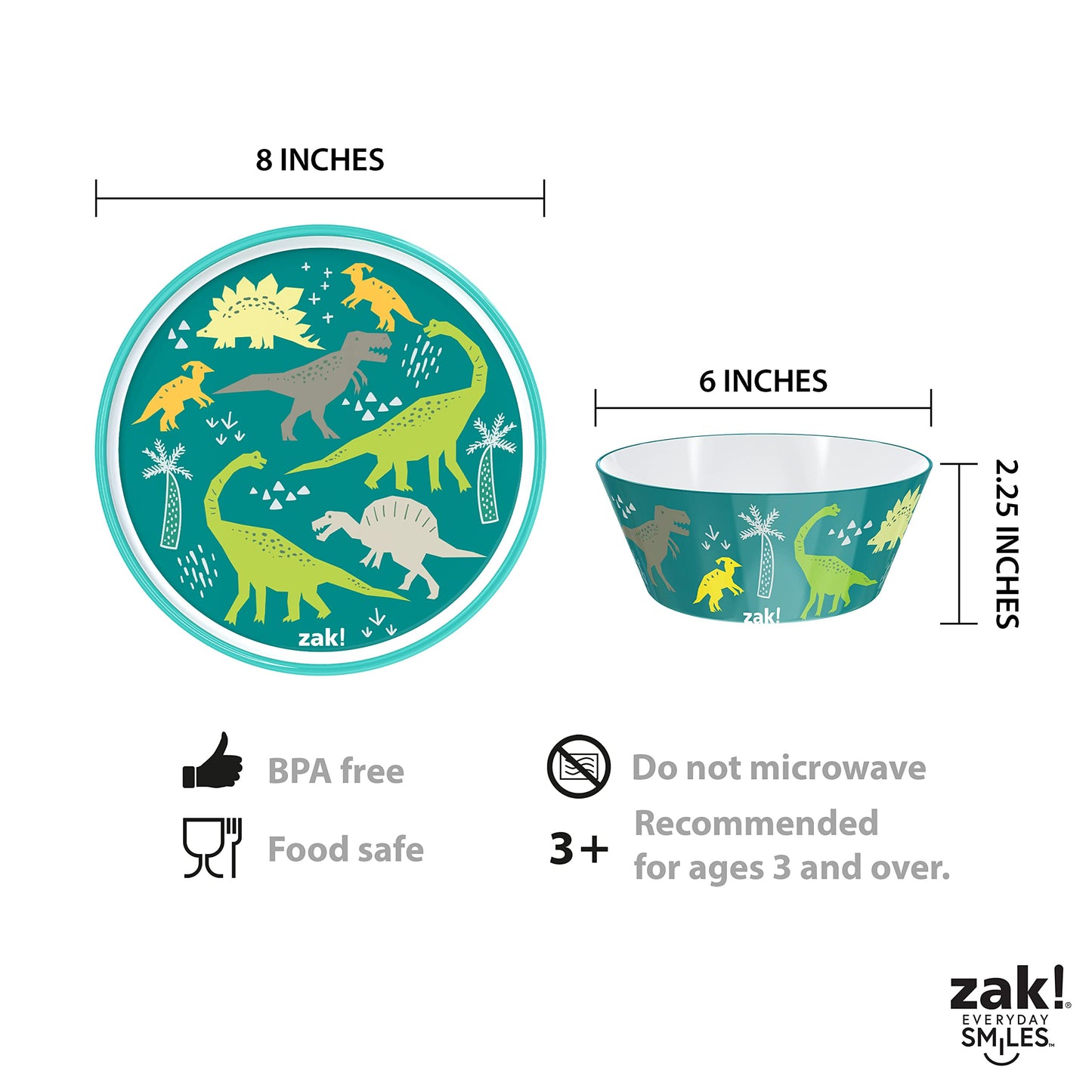 Zak Designs 5-Piece Dinnerware Set, Baby Shark - Durable Plastic & Stainless Steel - Includes Water Bottle, 8-Inch Plate, 6-Inch Bowl, Fork & Spoon - Suitable for Kids Ages 3+