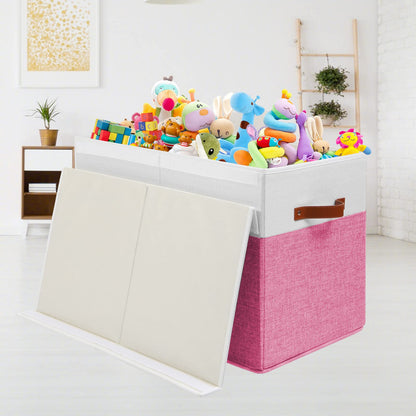 Large Toy Storage Box with Lid, Sturdy Toys Storage Chest Bin Organizer Basket with Dividers for Kids, Boys, Girls, Nursery, Closet, Bedroom, Playroom 25"x13" x16" (Beige and White)