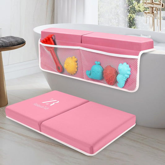 Bath Kneeler and Elbow Rest Pad Set - 2 inch Comfortable Thick Baby Bath Kneeler Pads, with Toy Organizer Pockets - Quick Drying, Foldable, Non-Slip for Baby and Toddler Bathing (Pink)