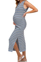 OUGES Women's 2025 Summer Maternity Dress Knit Sleeveless Crewneck Midi Dress Side Slit Striped Bodycon Sweater Dress