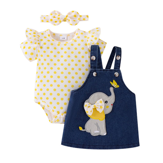 Baby Girl Clothes Suspender Skirt Newborn Ruffled Romper + Elephant Jeans Dress + Headband Summer Outfits 0-18 Months