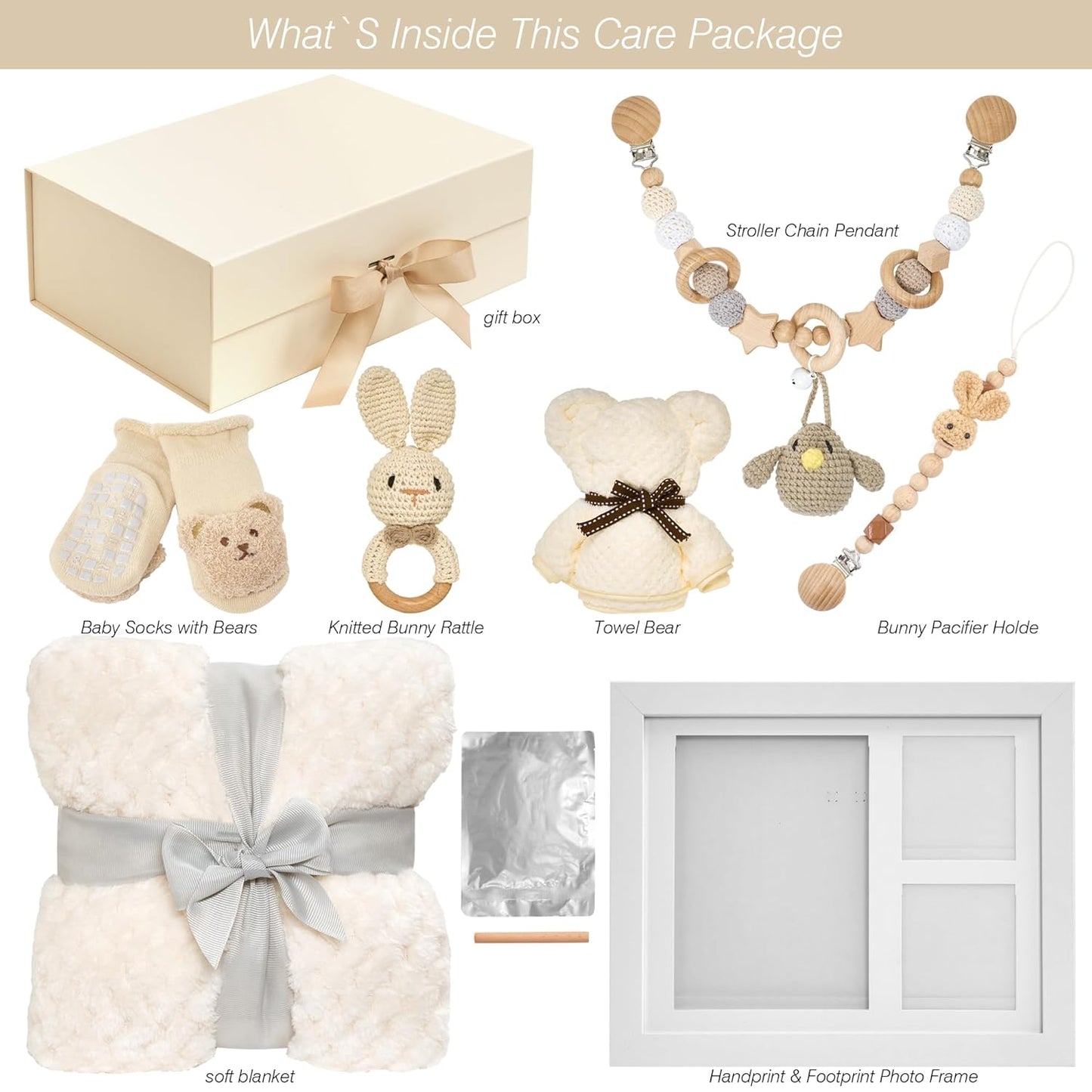 Baby Gift Set for Newborn – Handprint & Footprint Photo Frame, Bunny Rattle, Blanket, Socks, Towel Bear, Carriage Pendant, Nipple Clip – Newborn Baby Gift Basket for Boys & Girls