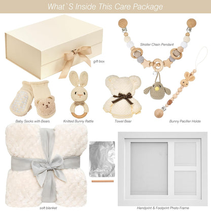 Baby Gift Set for Newborn – Handprint & Footprint Photo Frame, Bunny Rattle, Blanket, Socks, Towel Bear, Carriage Pendant, Nipple Clip – Newborn Baby Gift Basket for Boys & Girls