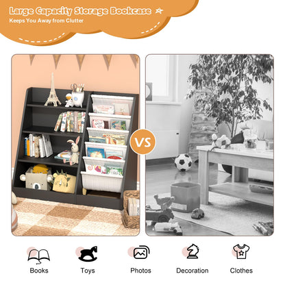 White Kids Bookshelf Wood Toy Storage Organizer Cabinet Children Bookcase Toddler Baby Sling Book Rack 3 Cube Bins Fabric Drawers for Playroom Bedroom Nursery School