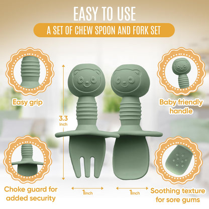 4pc Silicone Baby Spoons Self Feeding Baby Utensils 6-12 Months - 3 Baby Spoon - 1 Baby Fork - Toddler Cutlery Set - BPA Free, Dishwasher Safe, Baby Eating Essentials (Light pink/Army Green)
