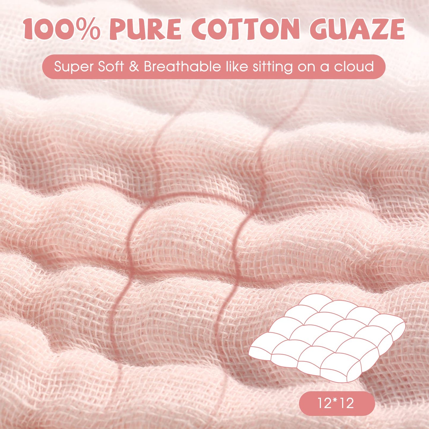 MUKIN Baby Washcloths and Burp Cloths, Soft Absorbent Towels for Newborns, 6 Pack, 12x12 Inches (Pink)