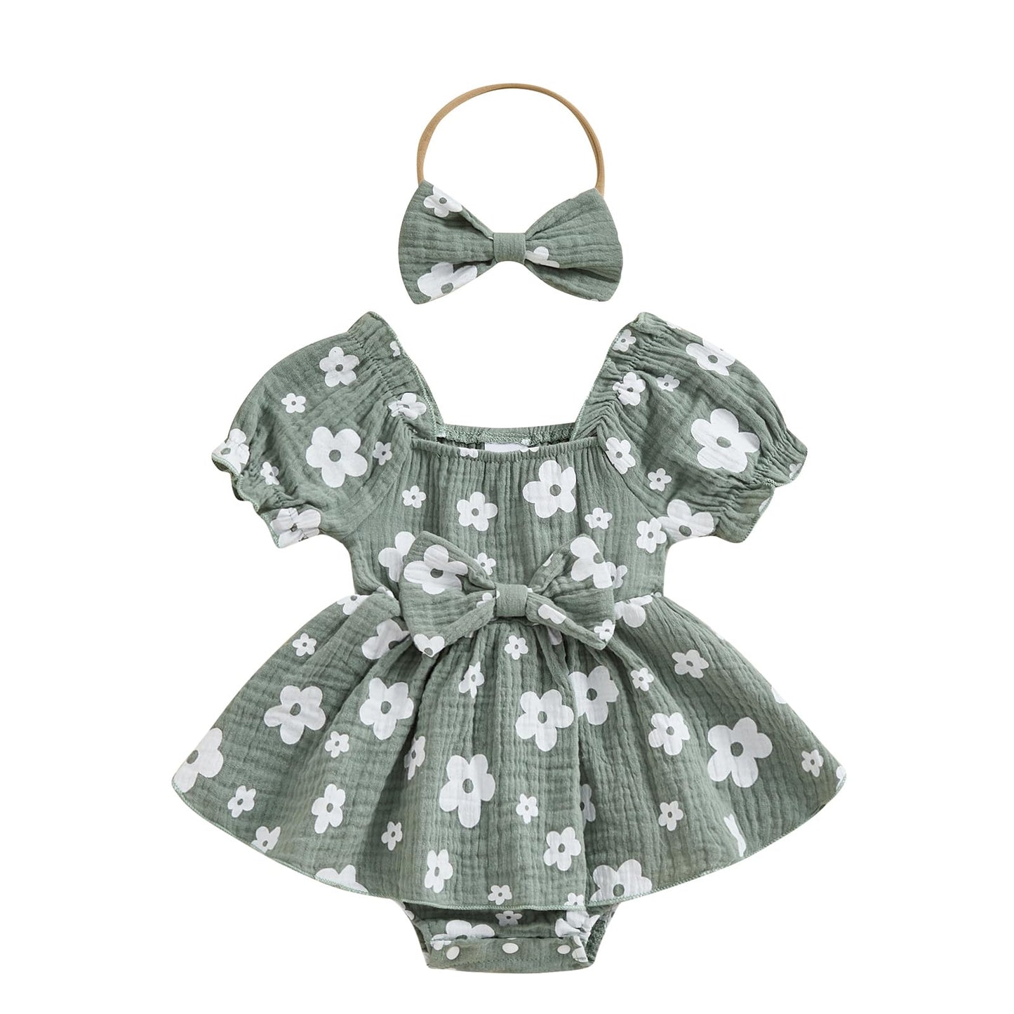 Baby Girls Daisy Romper Bowknot Bodysuit+Headband Short Sleeve Playsuits Floral Jumpsuit Infant Summer Clothes