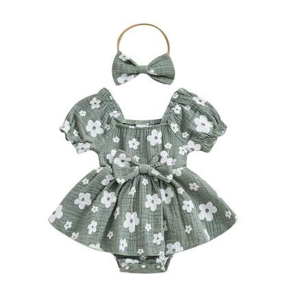 Baby Girls Daisy Romper Bowknot Bodysuit+Headband Short Sleeve Playsuits Floral Jumpsuit Infant Summer Clothes