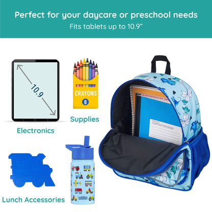 Wildkin 12-inch Kids Backpack – Padded, Adjustable, Ideal for Daycare & Travel - Trains, Planes, and Trucks