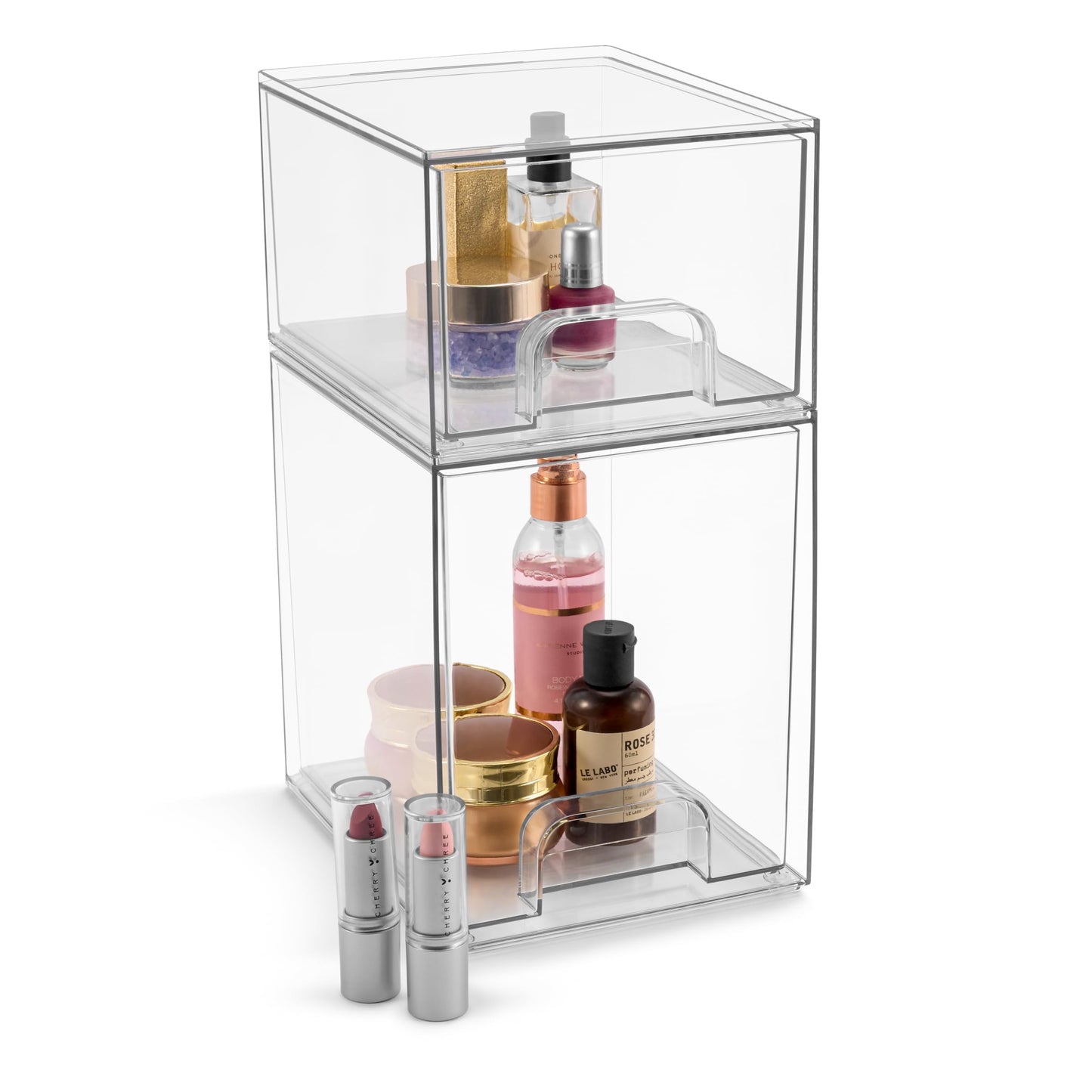 Sorbus Acrylic Storage Containers - 2 Pack, Stackable Storage Bins Set for Bathroom Organization - Clear Acrylic Drawer Organizers - Makeup Case Pull-Out Drawers (7.6’’ and 4.4’’ Tall)
