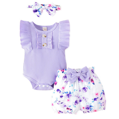 Newborn Baby Girl Clothes Outfits Ruffle Romper and Short Pant Sets with Headband Infant Bodysuits