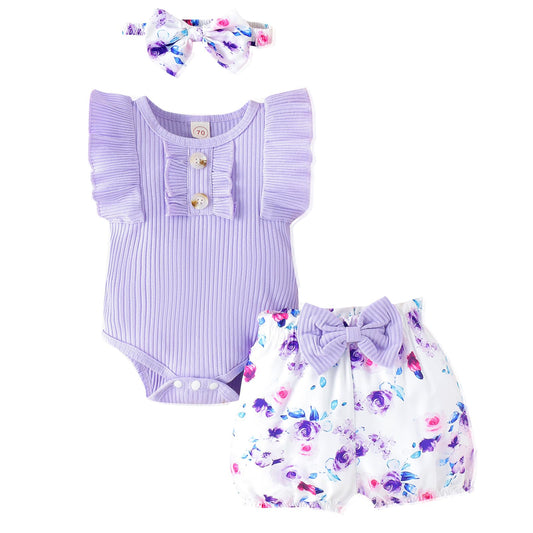 Newborn Baby Girl Clothes Outfits Ruffle Romper and Short Pant Sets with Headband Infant Bodysuits