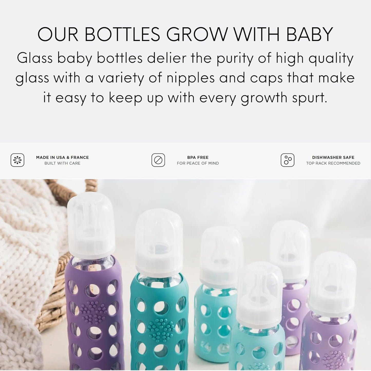 Lifefactory Glass Baby Bottles with Silicone Protection - 2-Pack, 4oz/9oz Bottles, Raspberry & Pink