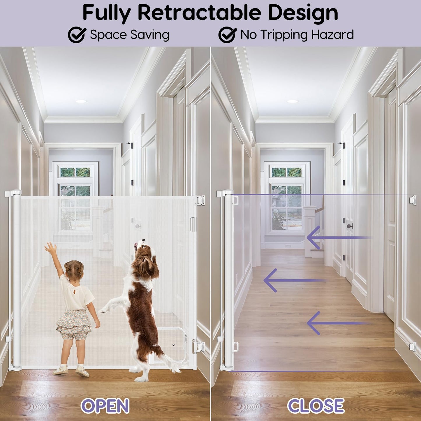 48 Inch Extra Tall Pet Gate Retractable Baby Gate with Cat Door - No Jumping Over, 55" Wide Retractable Dog Gate Indoor 4ft Extra Tall Cat Gate for Doorway Outdoor Deck Gate, White