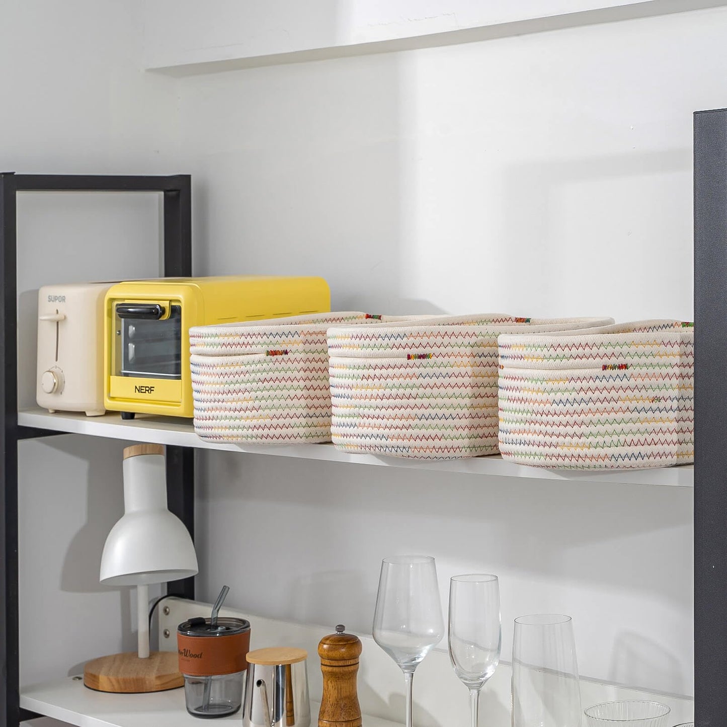CubesLand Off White Small Storage Baskets for Shelves, Closet Organization Storage Bins Empty Gift Basket Baby Nursery Woven Baskets for Organizing, Rectangular Clothes Closet Shelves Baskets 3 Packs