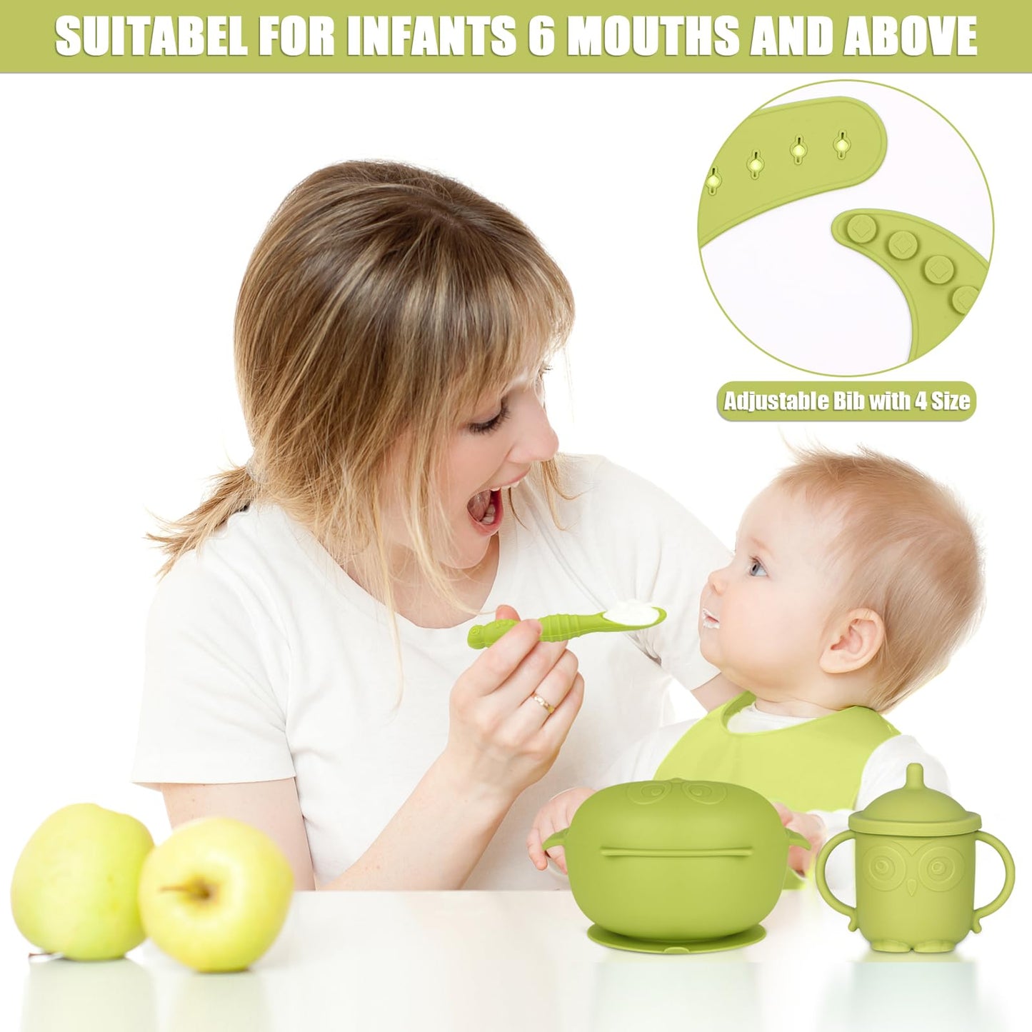 Silicone Baby Feeding Set 11 Piece, Baby Led Weaning Feeding Supplies, Strong Suction Bowl & Suction Plate, Adjustable Bibs, 4-in-1 Cup, Silicone Spoon & Fork, Food-grade Silicone (Green)