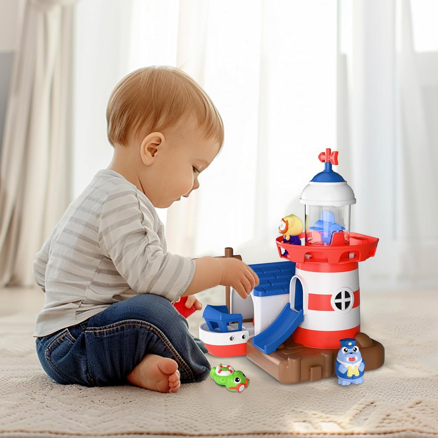 iPlay, iLearn Bath Toys for Toddlers 2-4, Kids Lighthouse Bathtub Shower Toy Set W/ Wind up Swimming Boats, Pool Floating Fish Baby Bathtime Water Play, Birthday Gift 18 Month, 3 5 6 Year Old Boy Girl