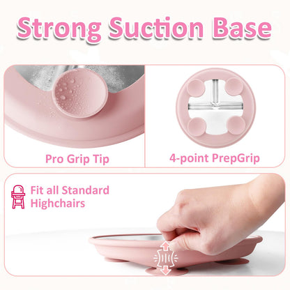 Stainless Steel Baby Plate with Suction, 9” Divided Toddler Plates with Removable Silicone Sleeves for Kids, Non-Toxic Non-Slip Unbreakable Dishwasher Safe Dinnerware Set of 2, Pink & Beige