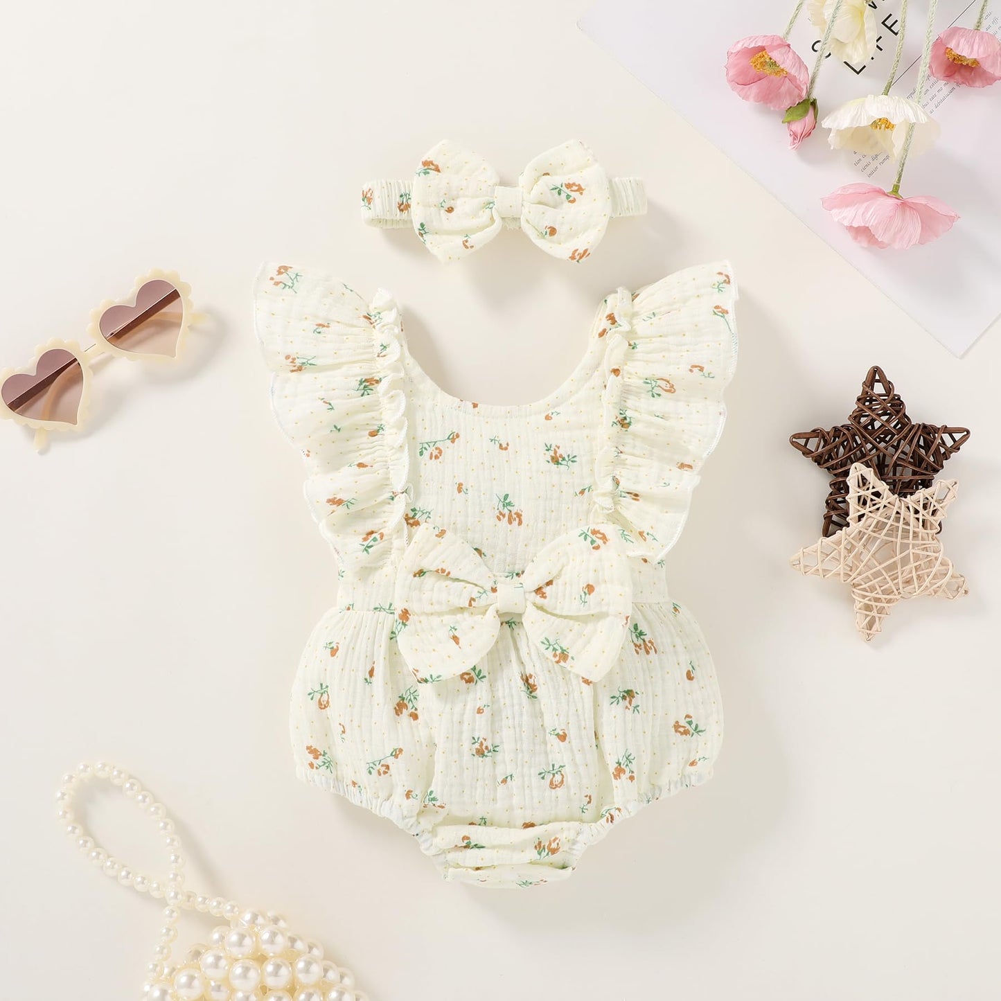 YOUNGER TREE Newborn Baby Girl Clothes Ruffle Sleeve Rompers Infant Backless Floral Jumpsuit Summer Outfits with Headband