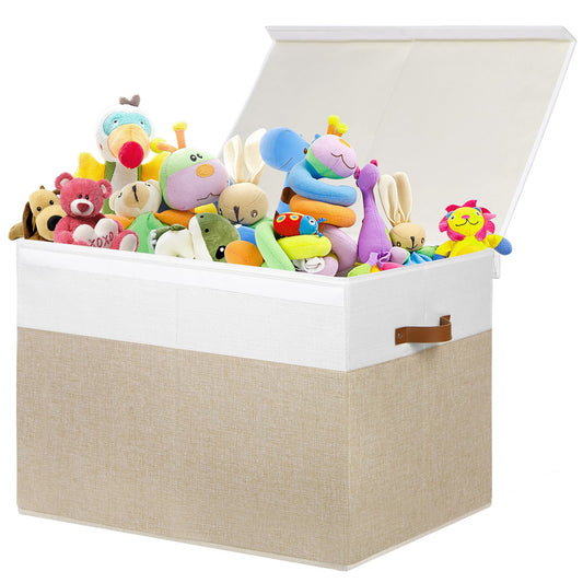 Large Toy Storage Box with Lid, Sturdy Toys Storage Chest Bin Organizer Basket with Dividers for Kids, Boys, Girls, Nursery, Closet, Bedroom, Playroom 25"x13" x16" (Beige and White)