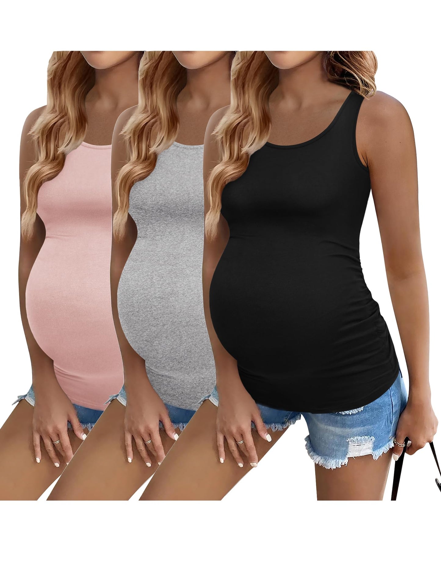 Ekouaer 3 Pack Women Maternity Tank Tops Ruch Side Basic Shirts Summer Postpartum Tops Sleeveless Pregnancy Workout Clothes