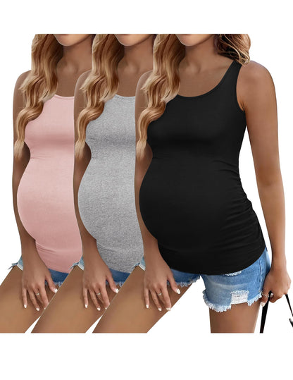 Ekouaer 3 Pack Women Maternity Tank Tops Ruch Side Basic Shirts Summer Postpartum Tops Sleeveless Pregnancy Workout Clothes