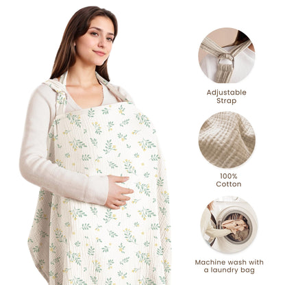 Konssy Muslin Nursing Cover for Baby Breastfeeding, Breathable 100% Cotton Breastfeeding Cover with Rigid Hoop for Mother Nursing Apron, Multi-use Carseat Canopy (Summer Wheat)