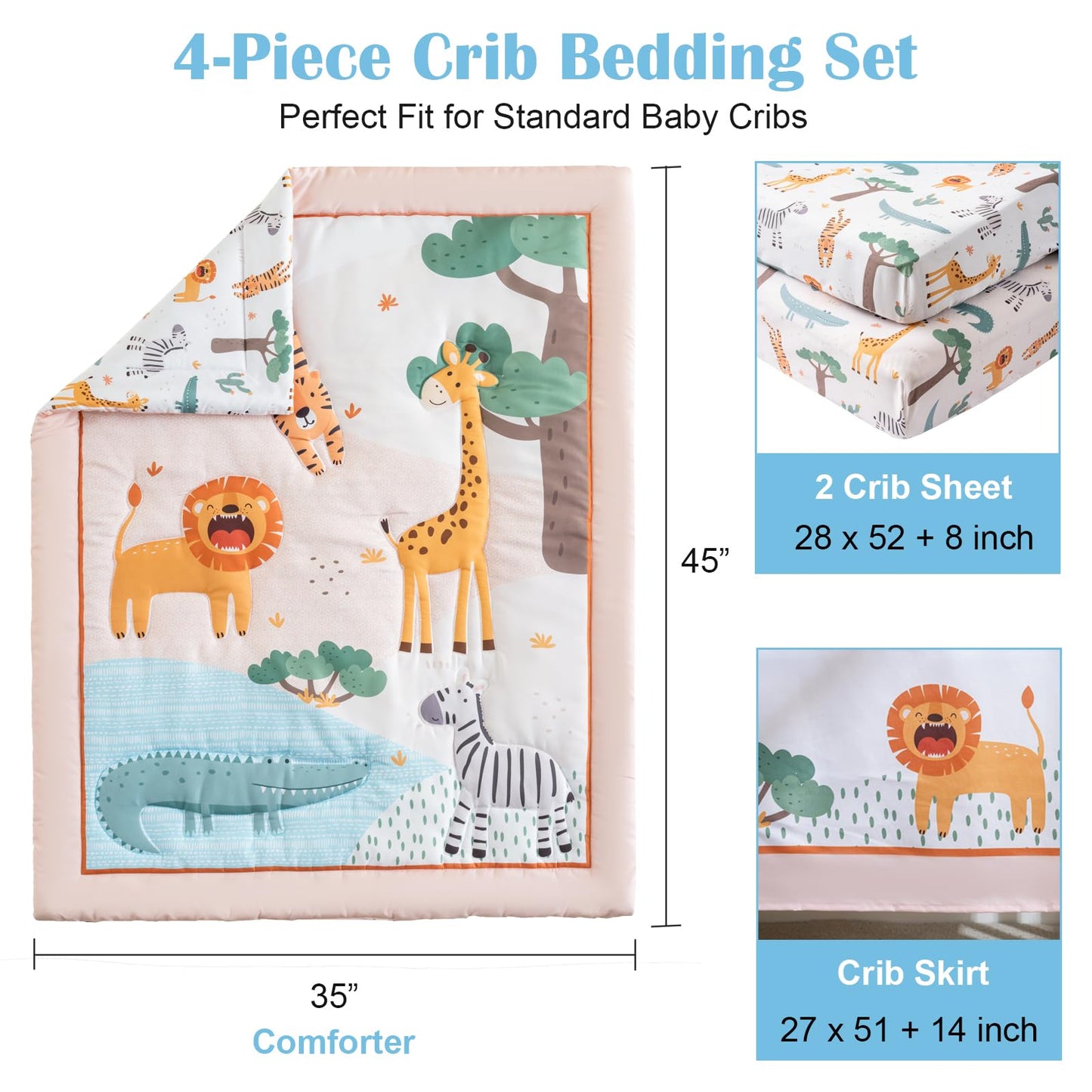 Crib Bedding Set 4 Pieces – Includes Comforter, 2 Fitted Sheets for Easy Changing, Crib Skirt – Soft, Breathable, Machine Washable – Fits Standard Crib Mattress – Baby Nursery Set for Boys & Girls