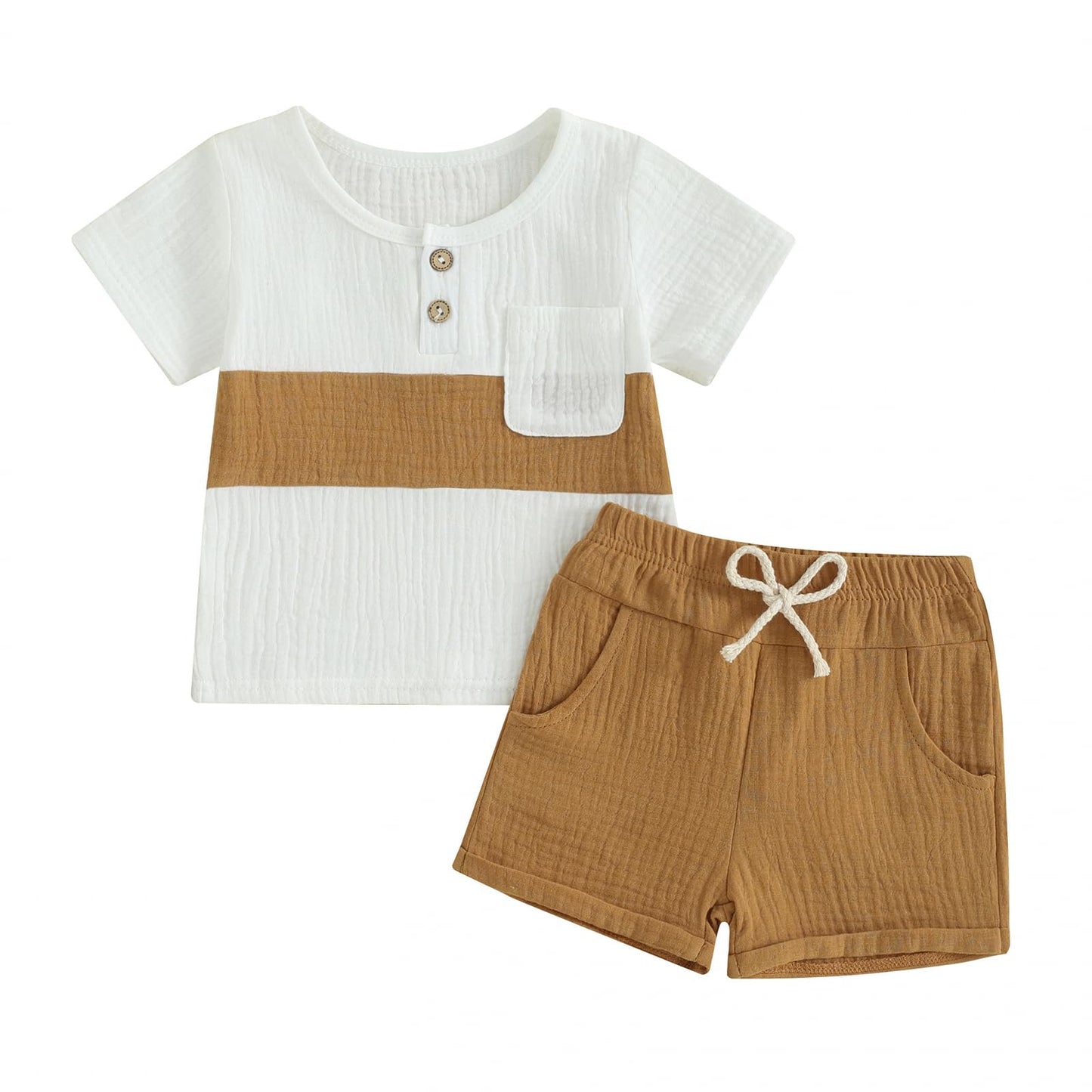 fhutpw Baby Boy Summer Outfits Henley Shirt Soft Pocket Short Sleeve Tops & Shorts Sets Infant 3 6 12 18 Months 2T Clothes