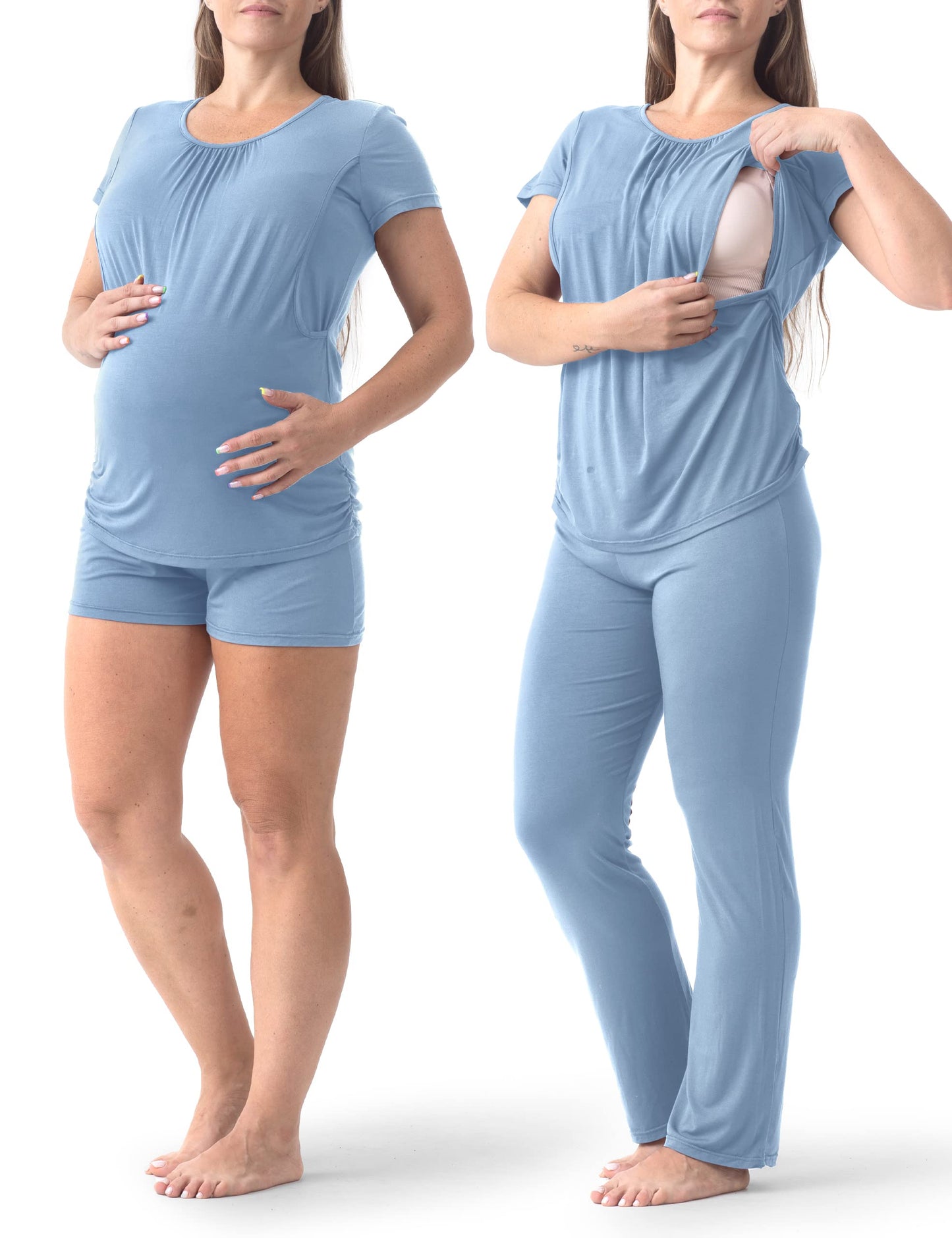 SUNNYBUY Womens Maternity Nursing Pajamas Set, Short Sleeve Breastfeeding Shirts，Pregnancy Shorts & Pants 3 Piece Nursing PJS