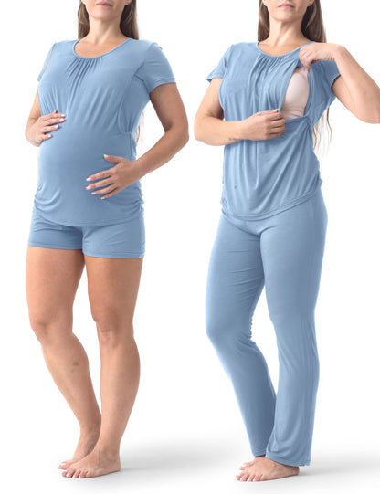 SUNNYBUY Womens Maternity Nursing Pajamas Set, Short Sleeve Breastfeeding Shirts，Pregnancy Shorts & Pants 3 Piece Nursing PJS